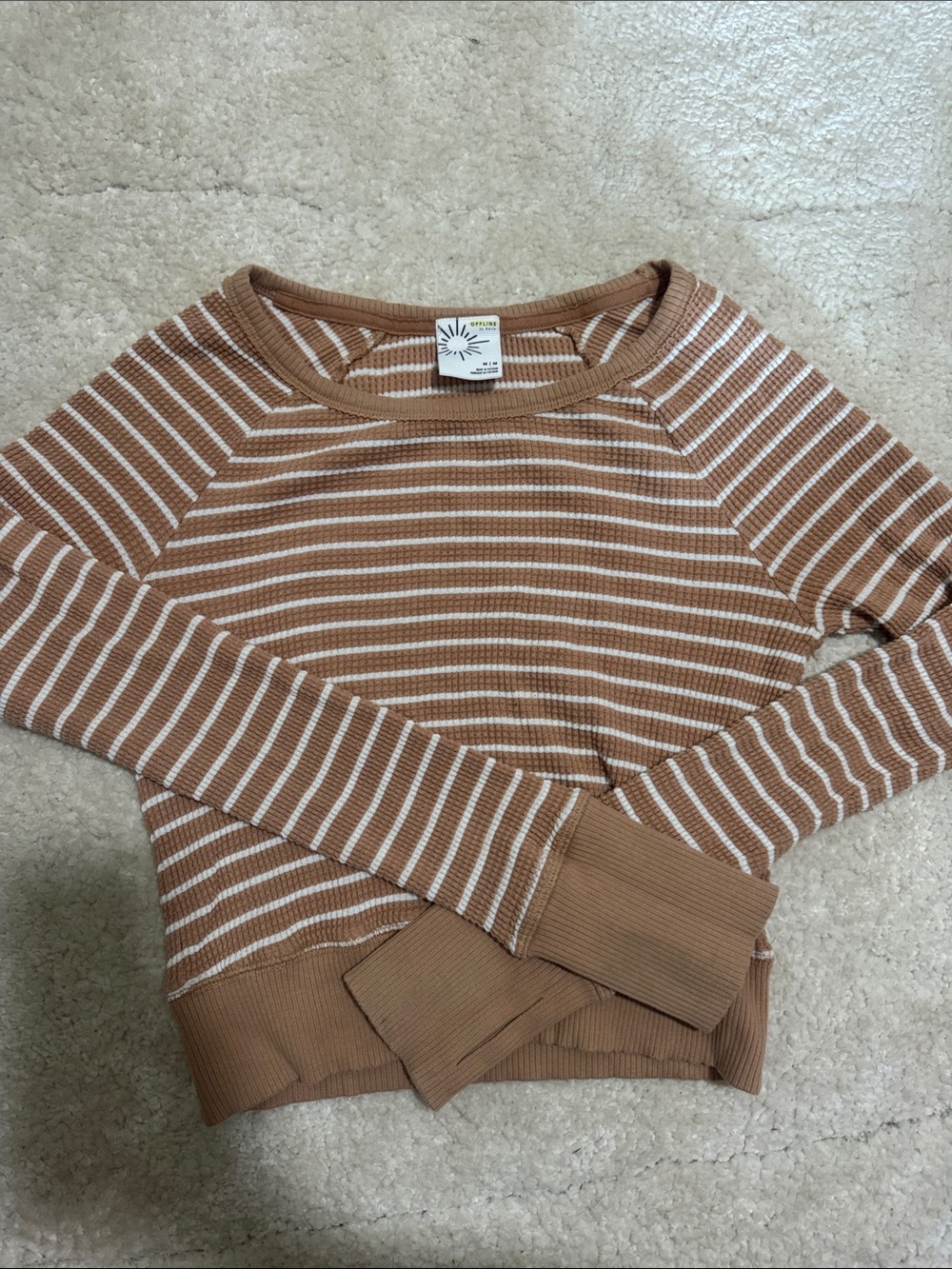 Offline | Aerie: Ribbed Stripe Crewneck Long-Sleeve Top in Tan and White